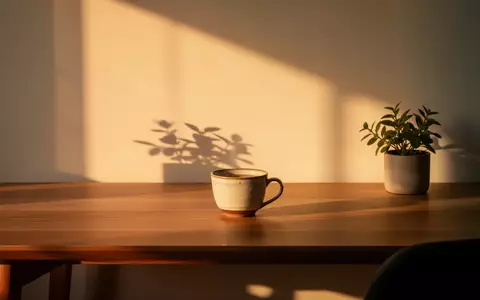 Ein ruhiger Schreibtisch bei Sonnenuntergang mit einer Teetasse und einer Pflanze, ohne elektronische Geräte. - Foto: über boerse-global.de