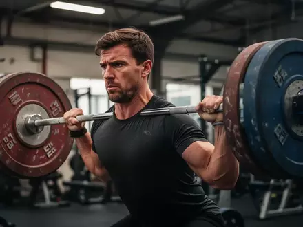 Ein Gewichtheber im Moment eines Stoßes während des Trainings in einer professionellen Sporthalle. - Foto: über boerse-global.de