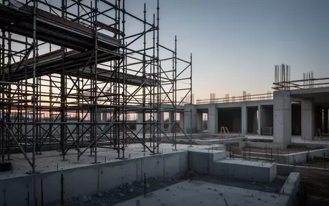 Eine leere Baustelle mit Stahlgerüsten und Betonfundamenten in der Abenddämmerung. - Foto: über boerse-global.de