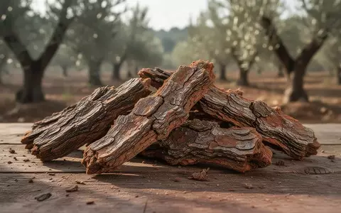 Nahaufnahme von grober Kiefernrinde auf einer hölzernen Unterlage vor dem unscharfen Hintergrund eines Olivenhains. - Foto: über boerse-global.de