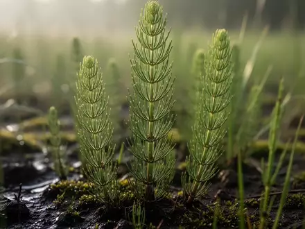 Nahaufnahme von grünem Ackerschachtelhalm in einer feuchten Wiese bei natürlichem Morgenlicht. - Foto: über boerse-global.de