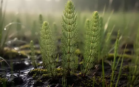 Nahaufnahme von grünem Ackerschachtelhalm in einer feuchten Wiese bei natürlichem Morgenlicht. - Foto: über boerse-global.de