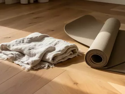 Eine minimalistische, sonnendurchflutete Yoga-Ecke mit einer zusammengerollten Matte und einer Decke auf einem Holzboden. - Foto: über boerse-global.de