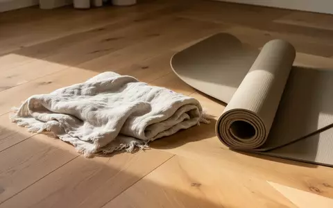Eine minimalistische, sonnendurchflutete Yoga-Ecke mit einer zusammengerollten Matte und einer Decke auf einem Holzboden. - Foto: über boerse-global.de