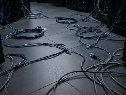 Dunkler, minimalistischer Serverraum mit verhedderten Netzwerkkabeln auf dem Boden, in bläulichen und grauen Farbtönen. - Foto: über boerse-global.de