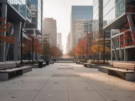 Ein leerer, moderner Stadtplatz in Detroit mit architektonischen Linien und Betonwegen bei natürlichem Tageslicht. - Foto: über boerse-global.de