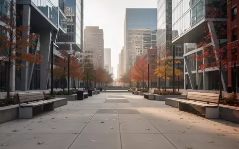 Ein leerer, moderner Stadtplatz in Detroit mit architektonischen Linien und Betonwegen bei natürlichem Tageslicht. - Foto: über boerse-global.de