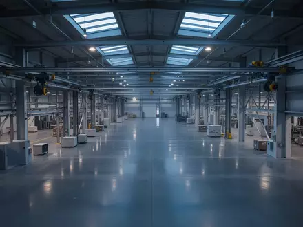 Eine weitläufige, moderne Industriehalle mit polierten Betonböden und komplexen mechanischen Deckenstrukturen bei Dämmerlicht. - Foto: über boerse-global.de