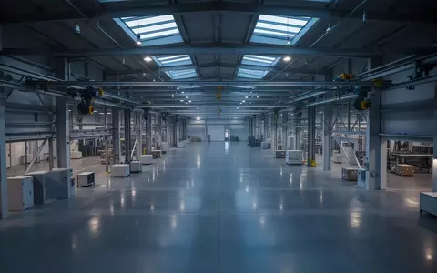 Eine weitläufige, moderne Industriehalle mit polierten Betonböden und komplexen mechanischen Deckenstrukturen bei Dämmerlicht. - Foto: über boerse-global.de
