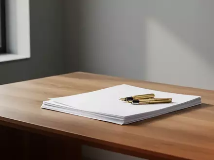 Ein minimalistischer Schreibtisch mit leeren Dokumenten und einem Füllfederhalter in einem hellen, modernen Büro. - Foto: über boerse-global.de