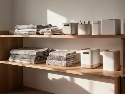 Ein minimalistisches, aufgeräumtes Holzregal mit sauber gefalteten Textilien und schlichten Aufbewahrungsbehältern in einem hellen Raum. - Foto: über boerse-global.de
