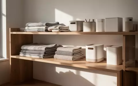 Ein minimalistisches, aufgeräumtes Holzregal mit sauber gefalteten Textilien und schlichten Aufbewahrungsbehältern in einem hellen Raum. - Foto: über boerse-global.de