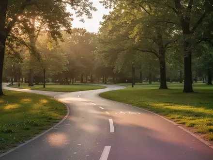 Ein leerer asphaltierter Fahrradweg in einem grünen Park bei Sonnenuntergang. - Foto: über boerse-global.de