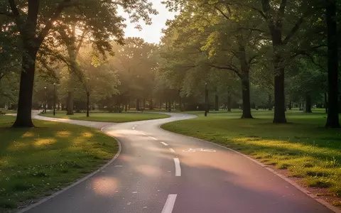 Ein leerer asphaltierter Fahrradweg in einem grünen Park bei Sonnenuntergang. - Foto: über boerse-global.de