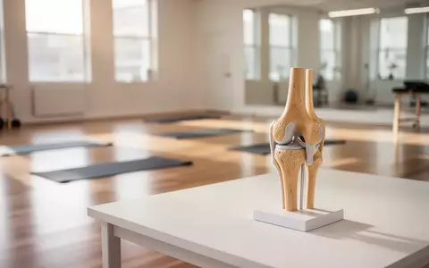 Ein minimalistischer Physiotherapieraum mit einer anatomischen Kniegelenksnachbildung auf einem weißen Tisch. - Foto: über boerse-global.de