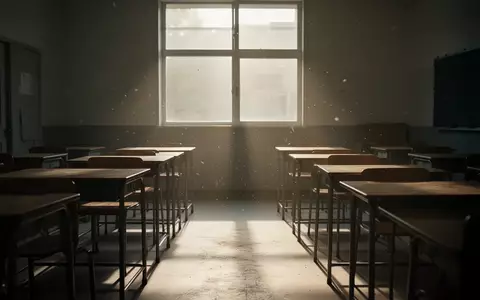 Ein leerer, minimalistischer Klassenraum mit leeren Holztischen in natürlichem Morgenlicht und langen Schatten. - Foto: über boerse-global.de
