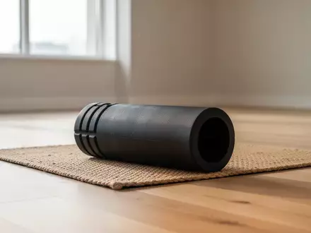 Eine schwarze Schaumstoffrolle liegt auf einer Yogamatte in einem hellen, minimalistischen Trainingsraum. - Foto: über boerse-global.de