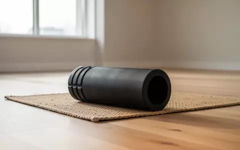 Eine schwarze Schaumstoffrolle liegt auf einer Yogamatte in einem hellen, minimalistischen Trainingsraum. - Foto: über boerse-global.de