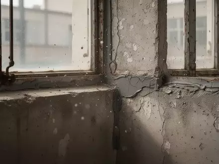 Gealterte Betonwände und alte Fensterrahmen eines Schulgebäudes aus den 1970er Jahren mit sichtbaren Bausubstanzmängeln. - Foto: über boerse-global.de