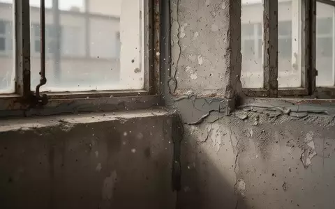 Gealterte Betonwände und alte Fensterrahmen eines Schulgebäudes aus den 1970er Jahren mit sichtbaren Bausubstanzmängeln. - Foto: über boerse-global.de