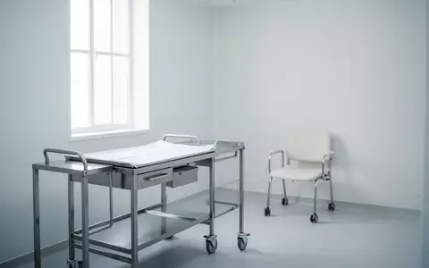 Ein steriler, minimalistischer Behandlungsraum in einer medizinischen Praxis mit einem leeren Metallwagen. - Foto: über boerse-global.de