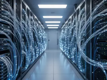 Moderne Serverräume mit leuchtenden Glasfaserkabeln und technischer Infrastruktur in einem Rechenzentrum. - Foto: über boerse-global.de