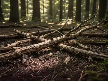 Nahaufnahme von Ästen und Zweigen auf einem Waldboden mit natürlichem Lichteinfall. - Foto: über boerse-global.de