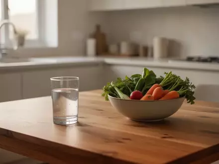 Ein minimalistisch gestalteter Küchentisch mit einem Glas Wasser und frischem Gemüse in natürlichem Licht. - Foto: über boerse-global.de