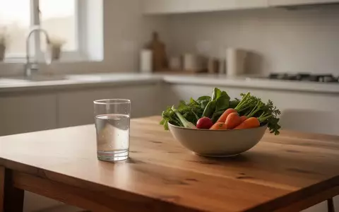 Ein minimalistisch gestalteter Küchentisch mit einem Glas Wasser und frischem Gemüse in natürlichem Licht. - Foto: über boerse-global.de