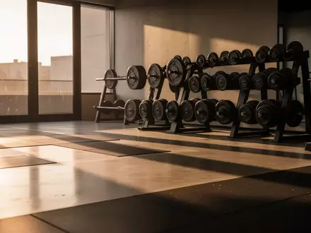 Ein minimalistisch gestalteter, leerer Fitnessraum mit Hantelablagen in natürlichem Licht. - Foto: über boerse-global.de