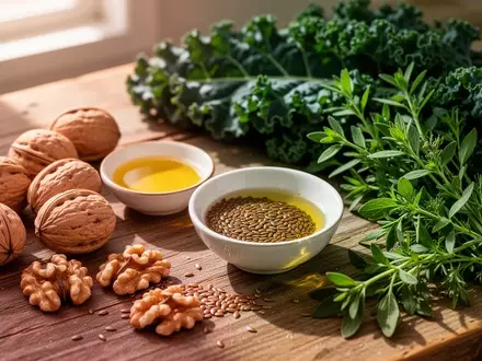 Frische mediterrane Lebensmittel wie Walnüsse, Leinöl und grünes Blattgemüse auf einem Holztisch - Foto: über boerse-global.de