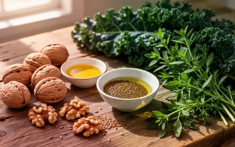 Frische mediterrane Lebensmittel wie Walnüsse, Leinöl und grünes Blattgemüse auf einem Holztisch - Foto: über boerse-global.de