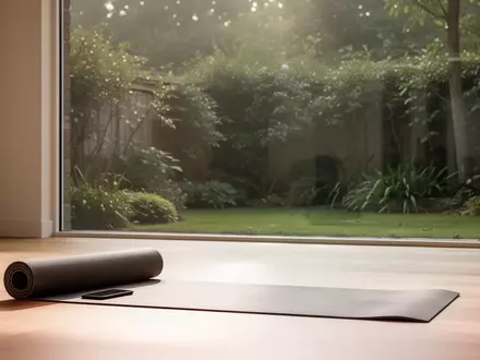 Ein heller, minimalistischer Yogaraum mit einem aufgerollten Übungsmatten-Set vor einem Fenster mit Blick in einen Garten. - Foto: über boerse-global.de