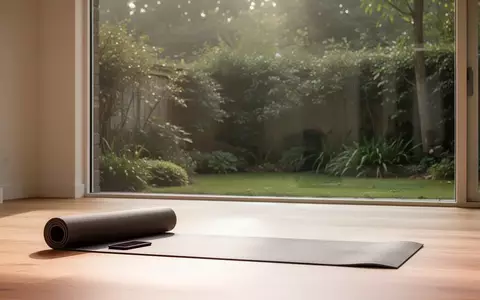 Ein heller, minimalistischer Yogaraum mit einem aufgerollten Übungsmatten-Set vor einem Fenster mit Blick in einen Garten. - Foto: über boerse-global.de