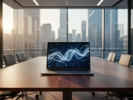 Ein moderner Konferenztisch mit einem Laptop, der abstrakte digitale Datenlinien anzeigt, in einem hellen Bürogebäude. - Foto: über boerse-global.de