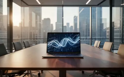 Ein moderner Konferenztisch mit einem Laptop, der abstrakte digitale Datenlinien anzeigt, in einem hellen Bürogebäude. - Foto: über boerse-global.de