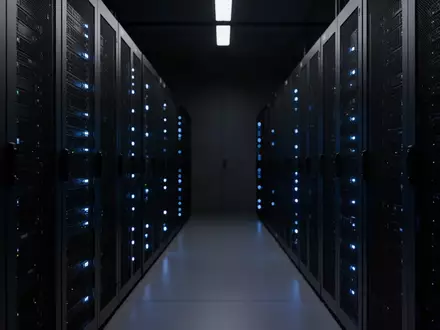 Server-Infrastruktur mit blau leuchtenden Status-LEDs in einem Rechenzentrum. - Foto: über boerse-global.de