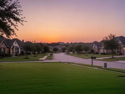 Ein ruhiges Wohngebiet in Round Rock, Texas, bei Dämmerung mit grünen Rasenflächen und Häusern unter einem Abendhimmel. - Foto: über boerse-global.de