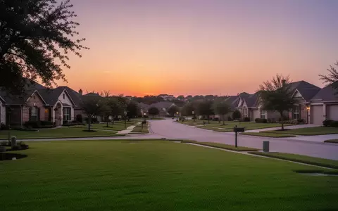Ein ruhiges Wohngebiet in Round Rock, Texas, bei Dämmerung mit grünen Rasenflächen und Häusern unter einem Abendhimmel. - Foto: über boerse-global.de