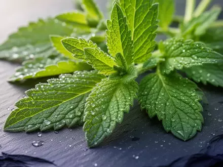Nahaufnahme frischer grüner Heilpflanzenblätter mit Tautropfen auf einer dunklen Schieferoberfläche. - Foto: über boerse-global.de