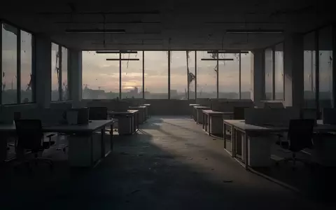 Ein verlassener, menschenleerer Büroraum in der Dämmerung mit langen Schatten, die über unbesetzte Schreibtische fallen. - Foto: über boerse-global.de