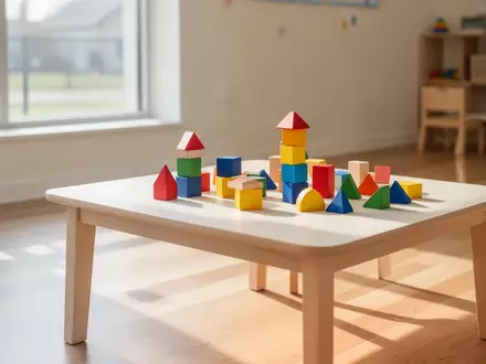 Ein heller, moderner Klassenraum mit Holzbausteinen und geometrischen Formen auf einem Tisch in einer ruhigen Lernumgebung. - Foto: über boerse-global.de