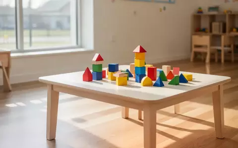 Ein heller, moderner Klassenraum mit Holzbausteinen und geometrischen Formen auf einem Tisch in einer ruhigen Lernumgebung. - Foto: ĂĽber boerse-global.de