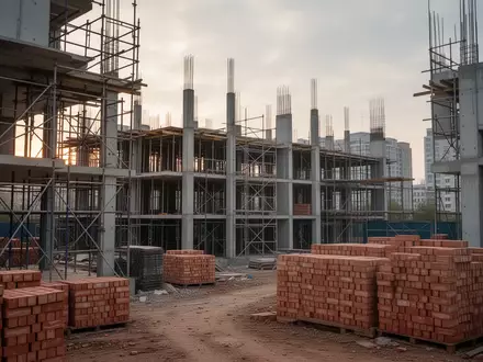 Unvollendeter Rohbau eines Wohngebäudes auf einer Baustelle bei Tagesanbruch. - Foto: über boerse-global.de