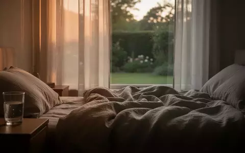 Ein ruhig gestaltetes Schlafzimmer bei Tagesanbruch mit weichem Licht und ungemachtem Bett in einer friedlichen Umgebung. - Foto: über boerse-global.de