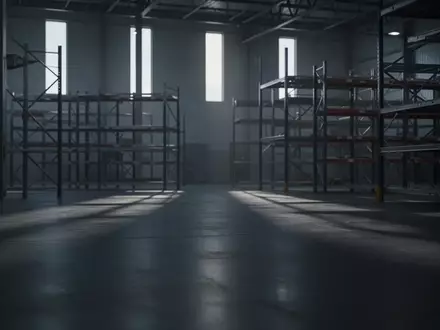 Ein leeres, steriles Lagerhaus mit Industrieregalen und langen Schatten in einer kühlen, gedimmten Atmosphäre. - Foto: über boerse-global.de