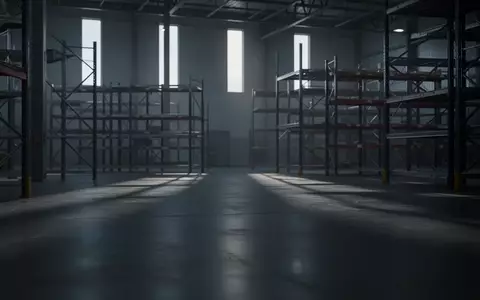 Ein leeres, steriles Lagerhaus mit Industrieregalen und langen Schatten in einer kühlen, gedimmten Atmosphäre. - Foto: über boerse-global.de