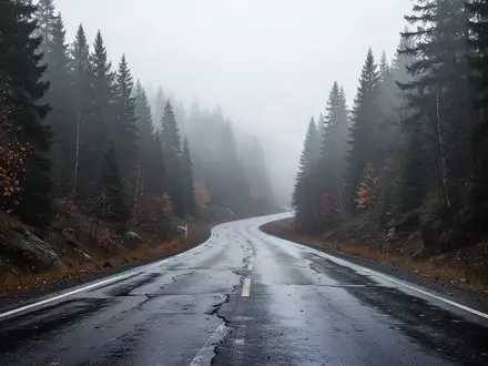 Eine menschenleere, nasse Asphaltstraße in einem nebligen Nadelwald bei herbstlichem Wetter. - Foto: über boerse-global.de