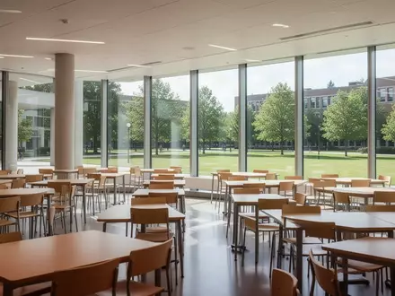 Ein heller, moderner Speisesaal einer Universität mit Holztischen und einer Aussicht auf eine grüne Außenanlage. - Foto: über boerse-global.de