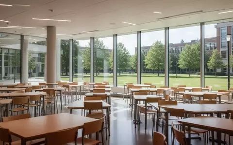 Ein heller, moderner Speisesaal einer Universität mit Holztischen und einer Aussicht auf eine grüne Außenanlage. - Foto: über boerse-global.de
